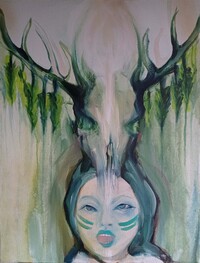 A girl with a deer mask on her head
